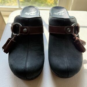 Dansko Black and Brown Slip-Ons shandi black leather tassel clogs size 36
